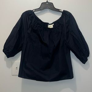 MAEVE - MEDIUM BLACK 3/4 BALLOON ELBOW SLEEVE ELASTIC BOATNECK BLOUSE EUC